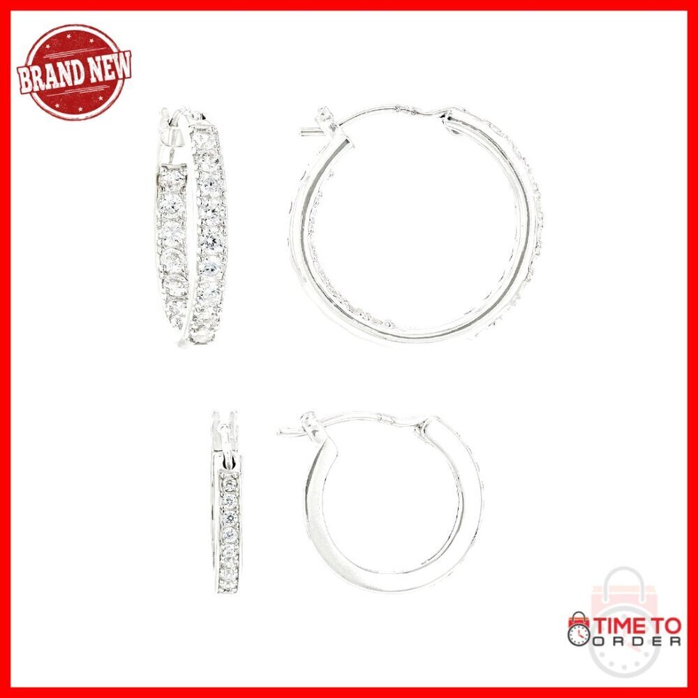 Sterling Silver Hoop Earrings Set 12.7mm Cubic Zirconia 2 Pairs